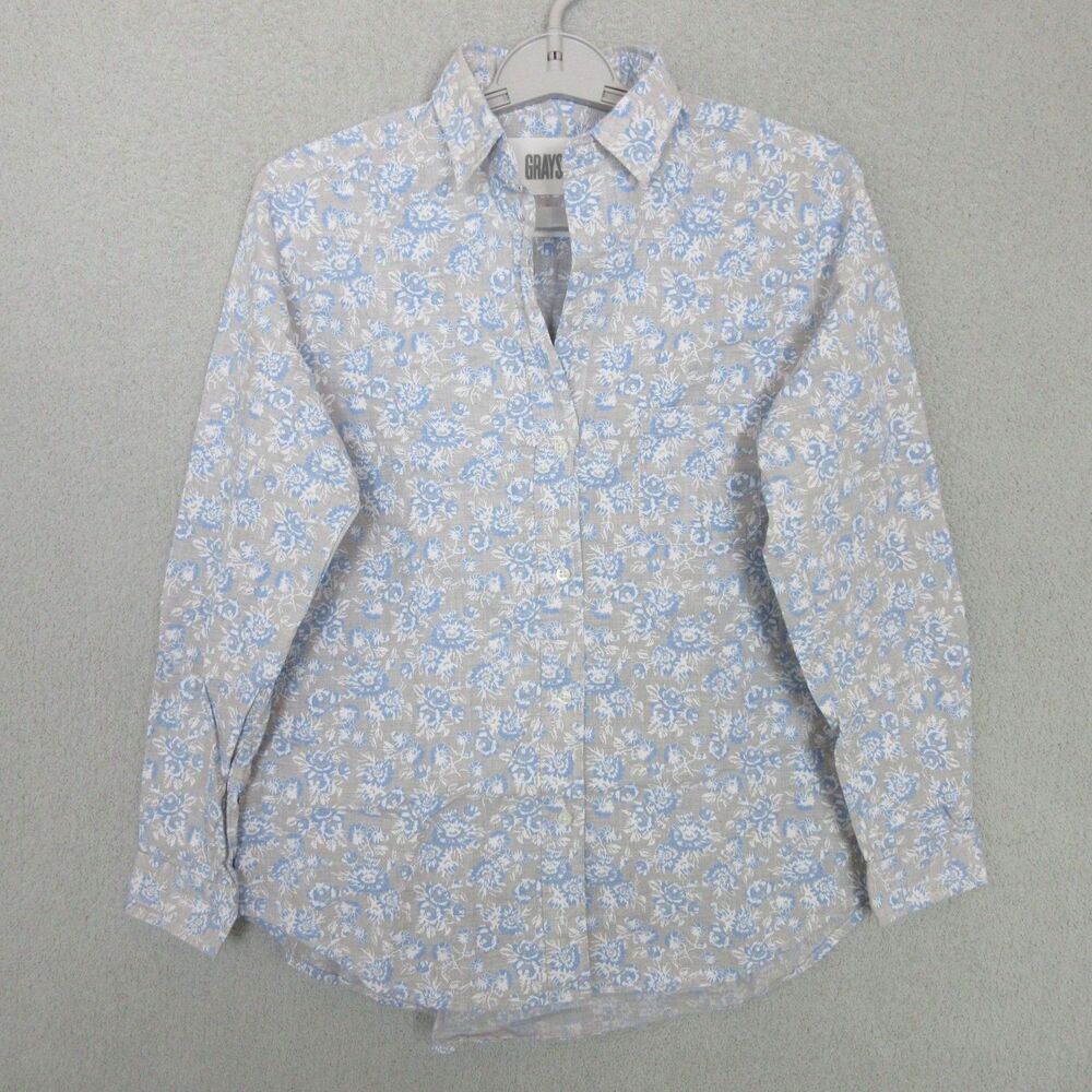 Grayson Shirt Womens 2 Floral Long Sleeve Button Up Lightweight Gray Cotton
